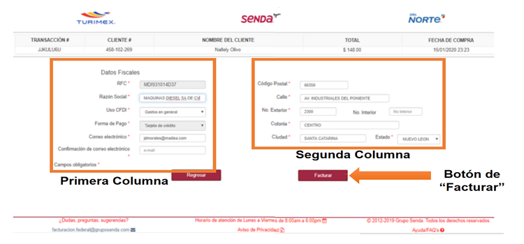 datos de facturacion en Senda